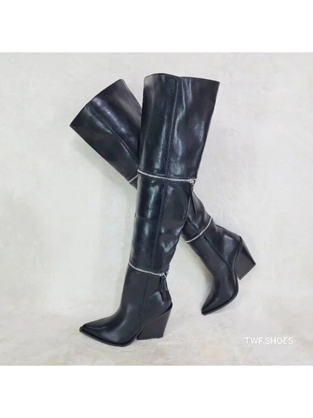 NIB Alexa Western Wedge All in One Zipper Shaft Ankle Knee & Thigh Boots Black - Picture 1 of 15